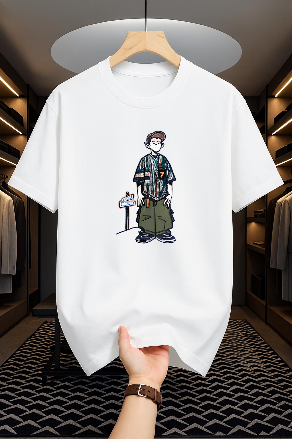 Drop Shoulder White T-Shirt - Cartoon Design