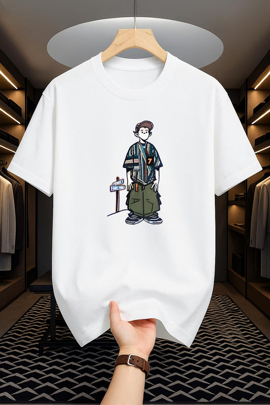 Drop Shoulder White T-Shirt - Cartoon Design